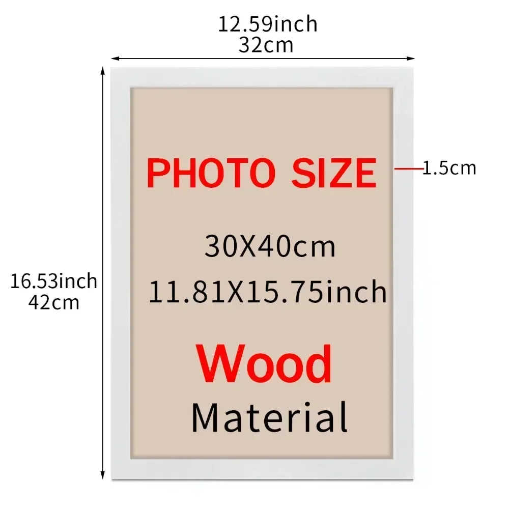 Wooden photo frame with dimensions and material details on a beige background