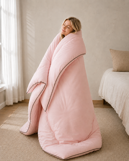 Person wrapped in a pink blanket in a cozy room.