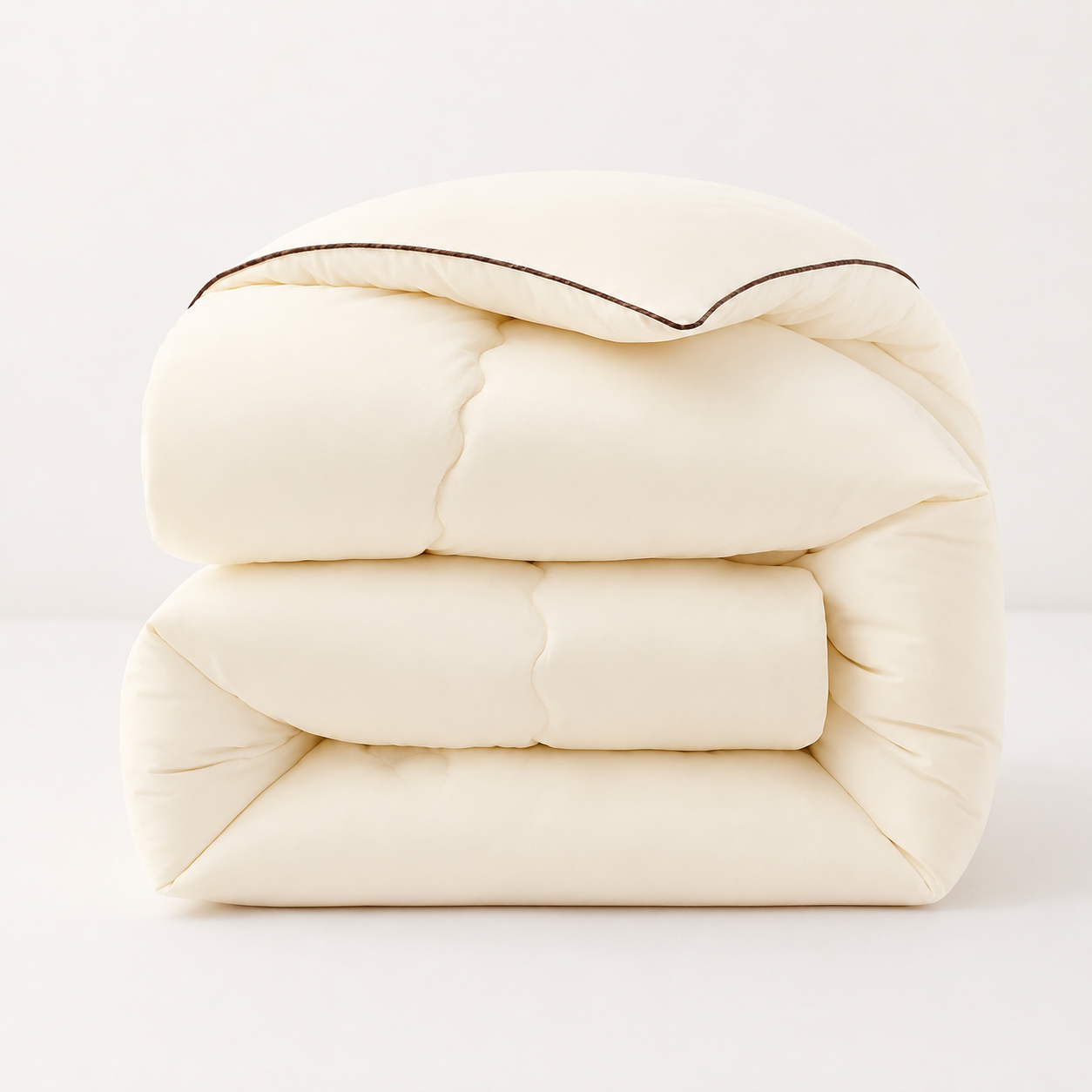 Folded beige blanket on a white background