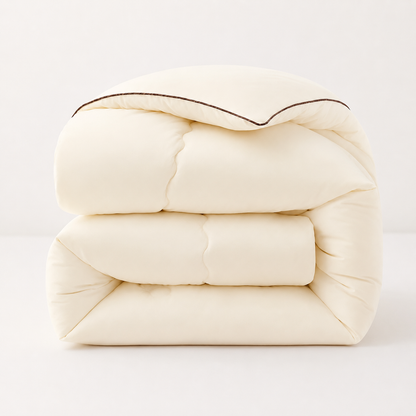 Folded beige blanket on a white background