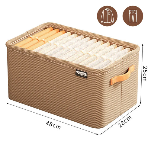 Beige storage box with rolled-up clothes and dimensions on a white background