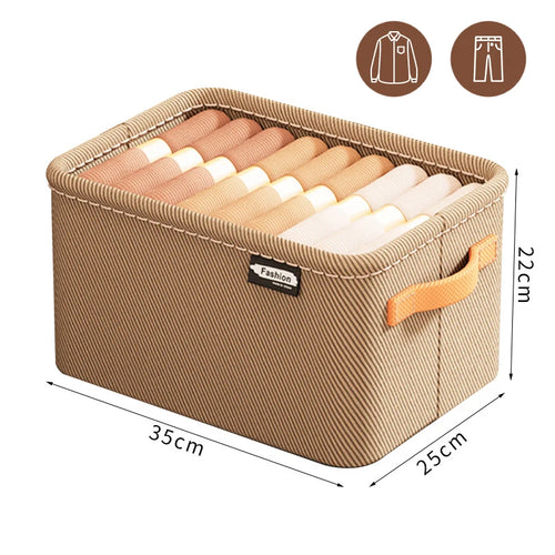 Beige storage box with clothes inside, labeled 'Fashion', and dimensions displayed.