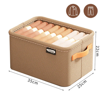 Beige storage box with clothes inside, labeled 'Fashion', and dimensions displayed.