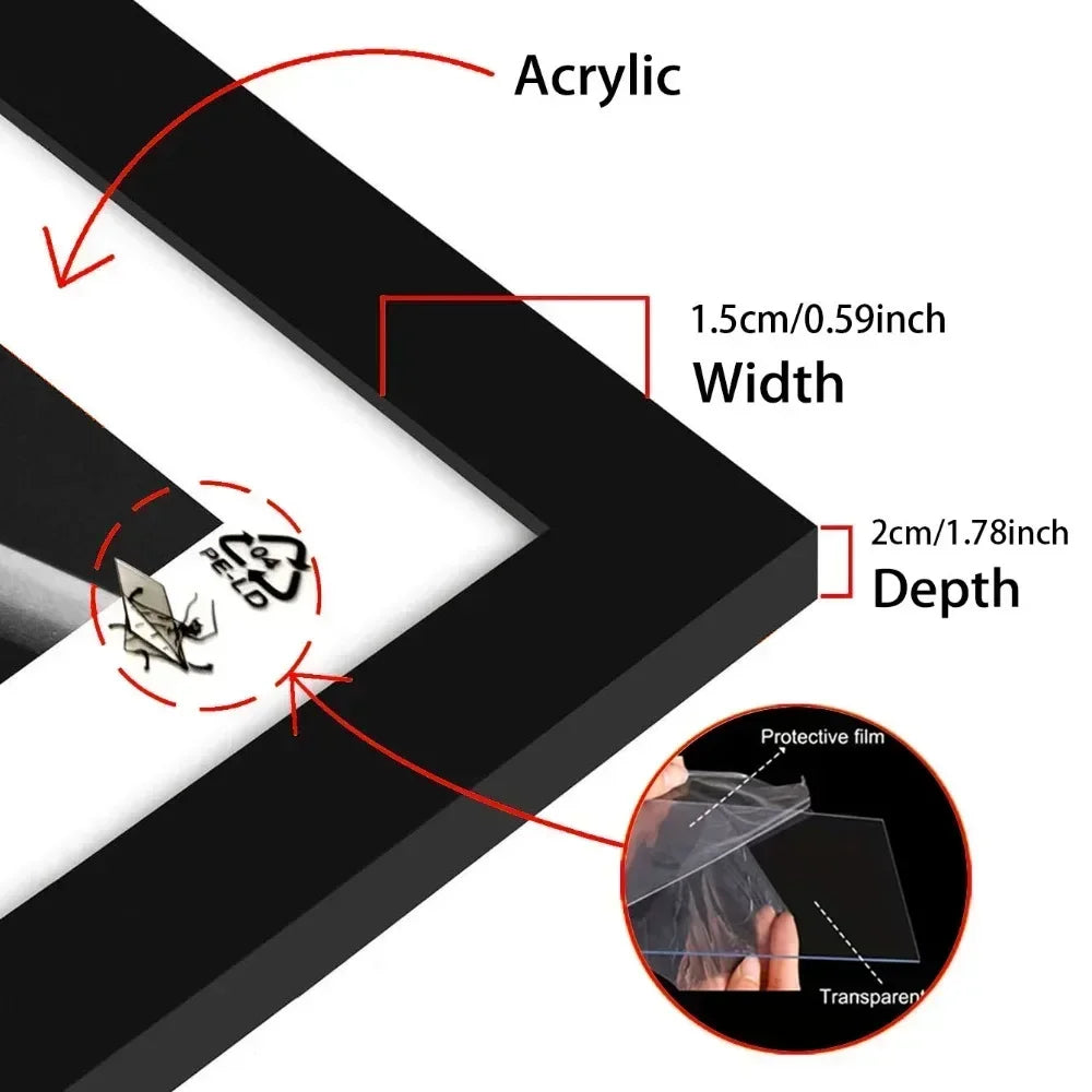 Diagram of an acrylic frame with measurements and details.