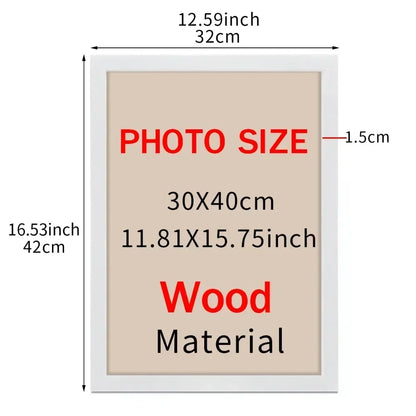 Wooden photo frame with dimensions and material details on a beige background