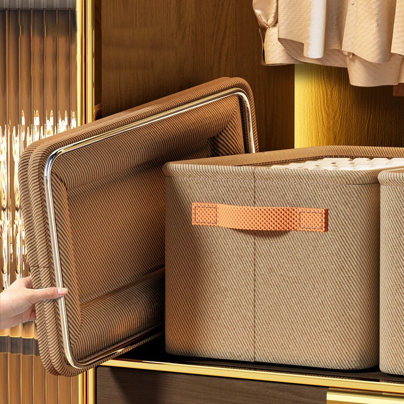 Brown woven storage basket with a handle on a wooden surface