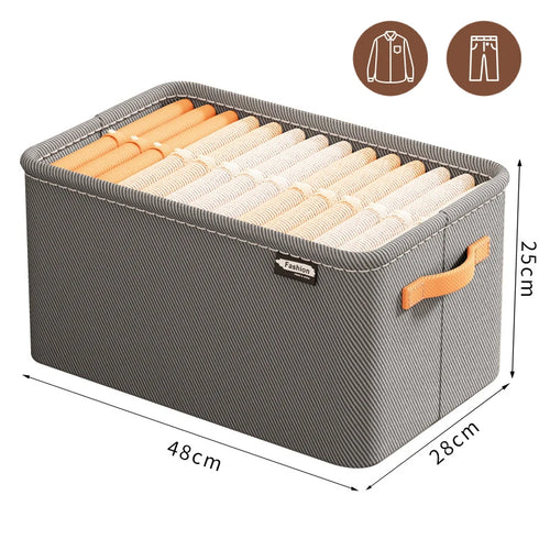 Gray storage box with rolled clothes and dimensions on a white background