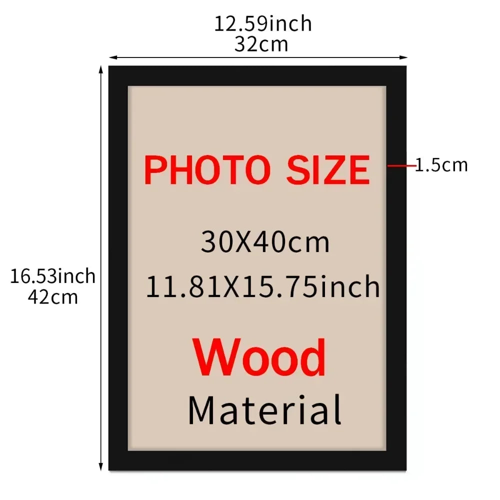 Wooden photo frame with dimensions and material details on a beige background
