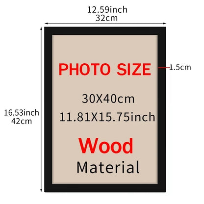 Wooden photo frame with dimensions and material details on a beige background