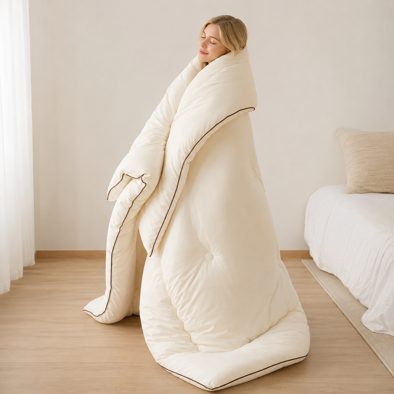 Woman wrapped in a large white comforter in a room with a bed and pillow.