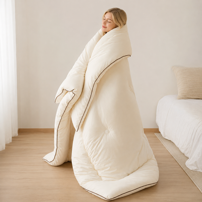 Woman wrapped in a large white comforter in a room with a bed and pillow.